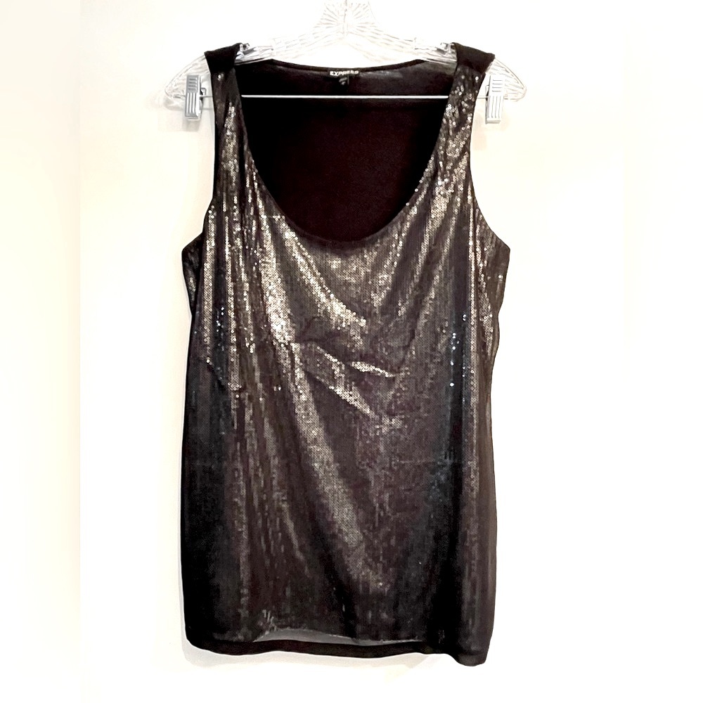 Express Silver Sequen with Black Sheer Overlay Tank Top Size Large